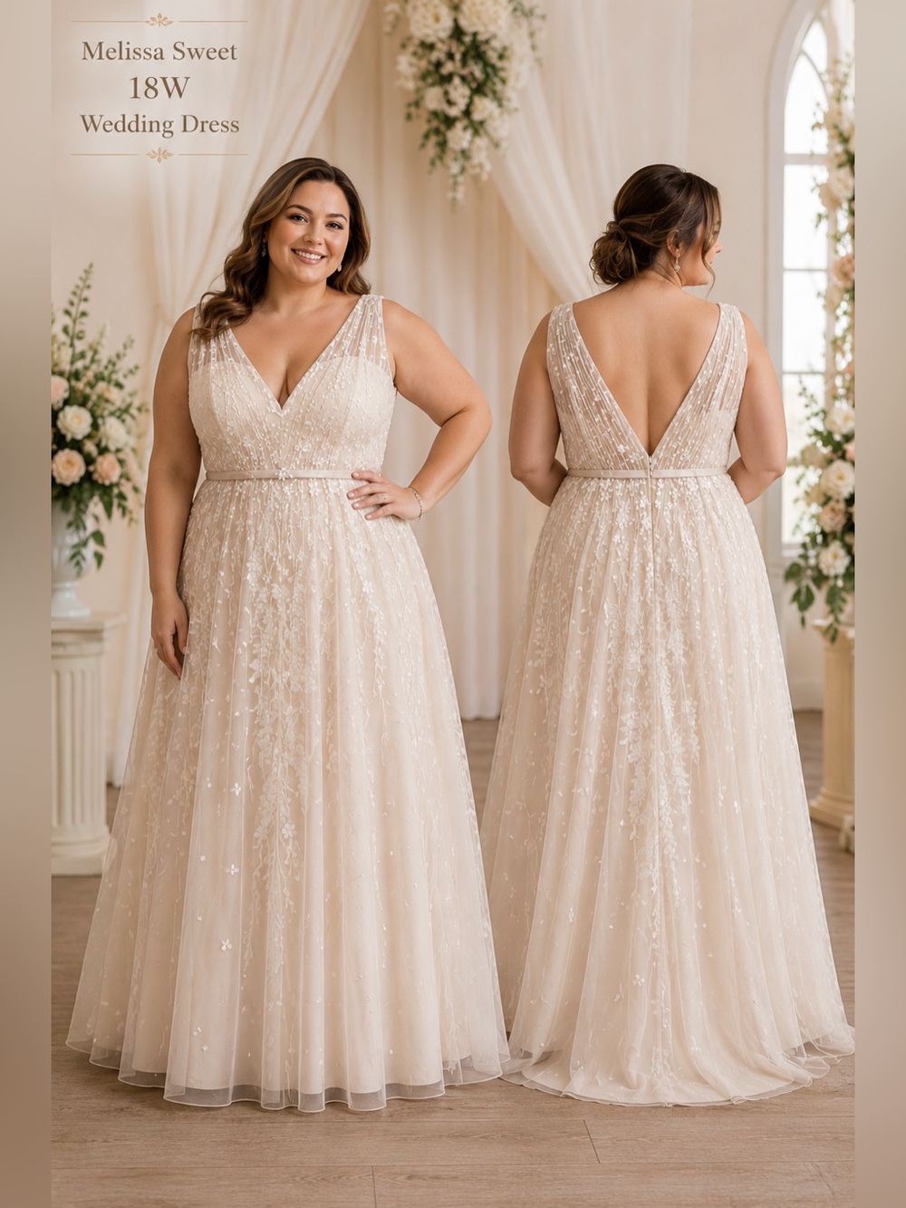 Melissa Sweet Still White Wedding Dress 18W Champagne Beaded Lace Gown romantic